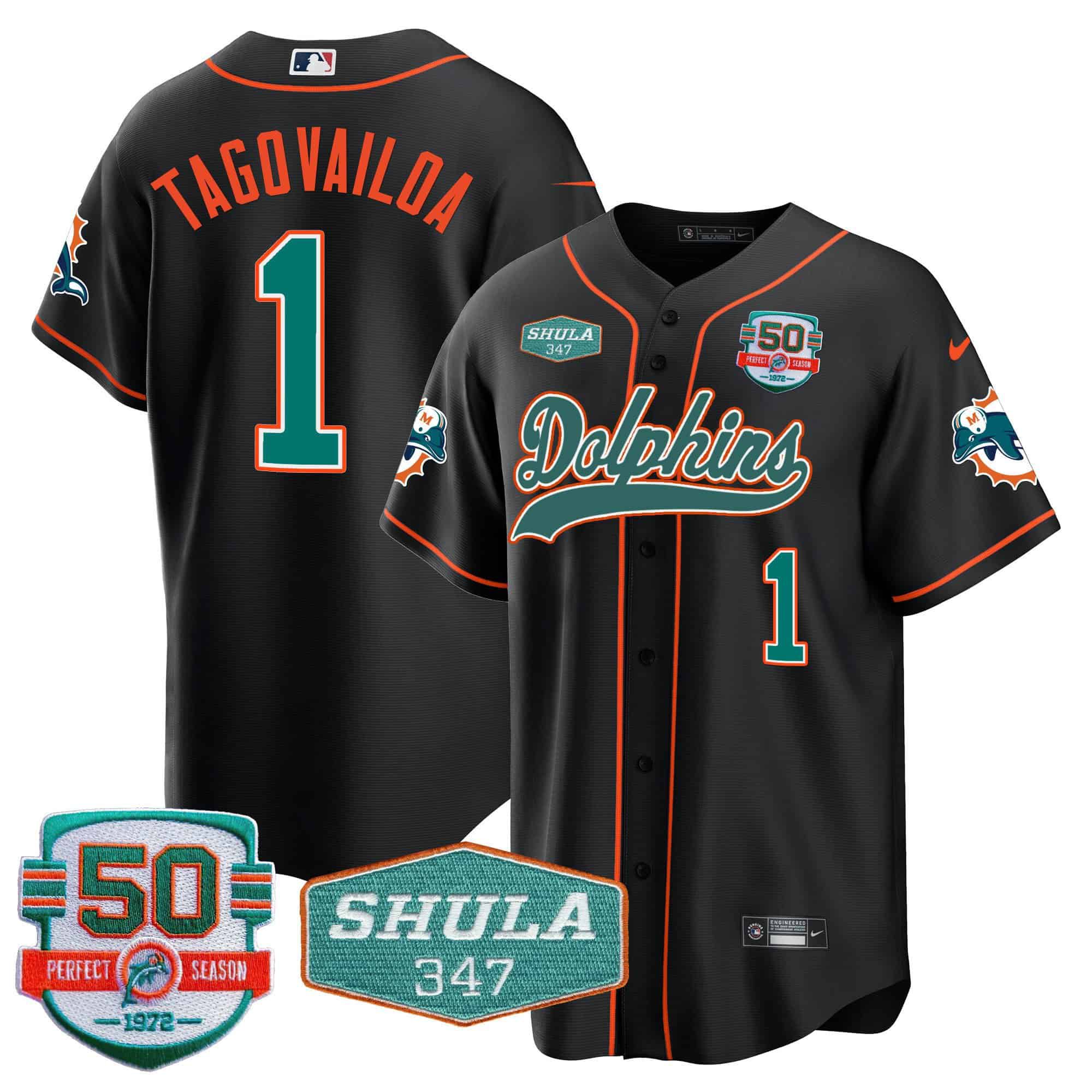 Men Miami Dolphins #1 Tagovailoa Black 2024 Nike 50th Don Shula Memorial Patch Baseball NFL Jersey style 1